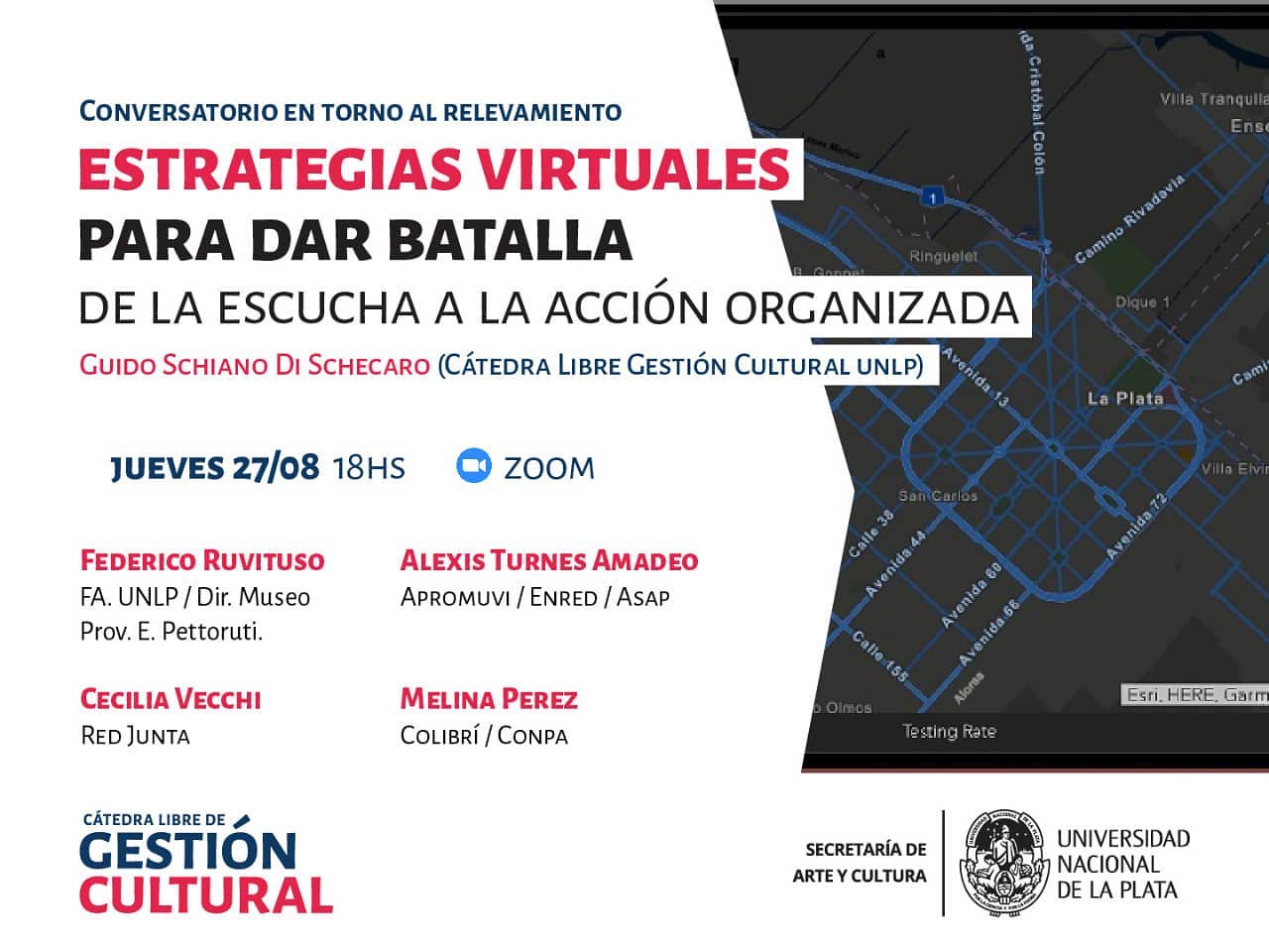 Flyer invitando al conversatorio "Estrategias virtuales para dar batalla"